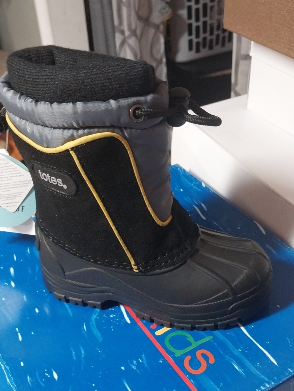 totes Kids Black and Gray Winter Snow Boot with Yellow Trim
